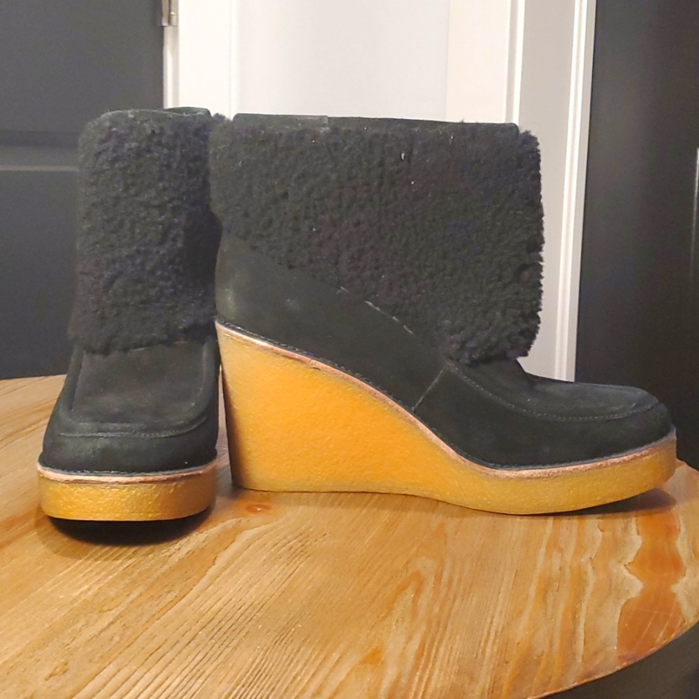 UGG Colden Sherling Cuff Wedge Boots, Black Suede, Size 9